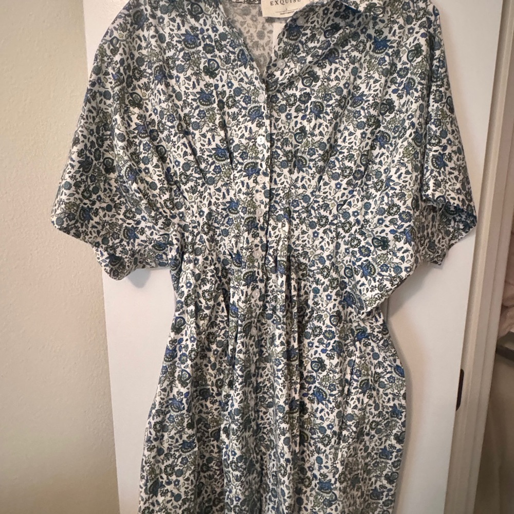 Anthropologie Blue and Cream Floral Shirtwaist Mini Dress - Picture 7 of 11